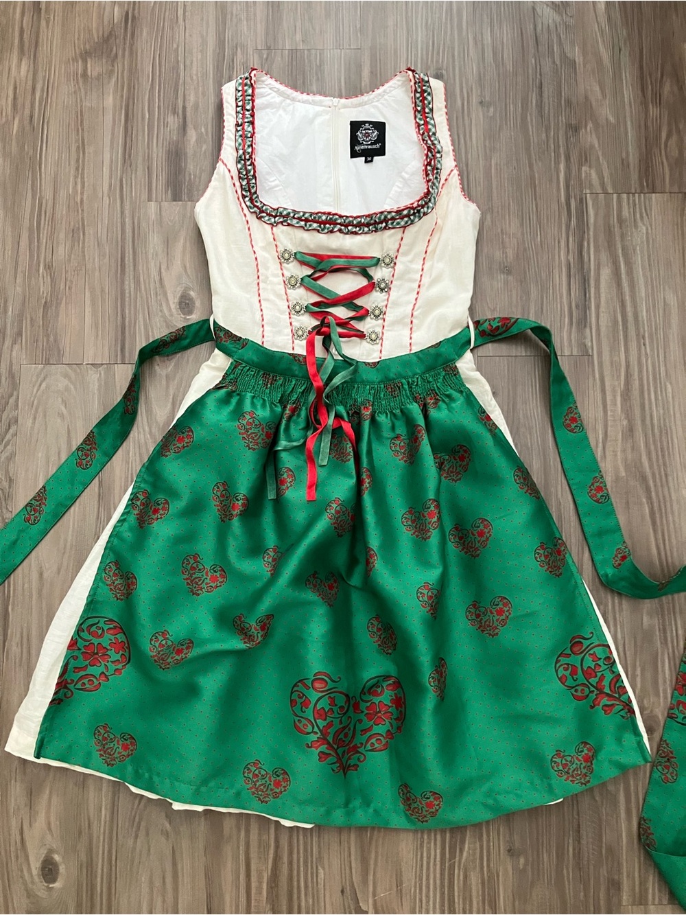Dirndl Dress beige Green red Heart Pattern Oktoberfest Authentic Tracht